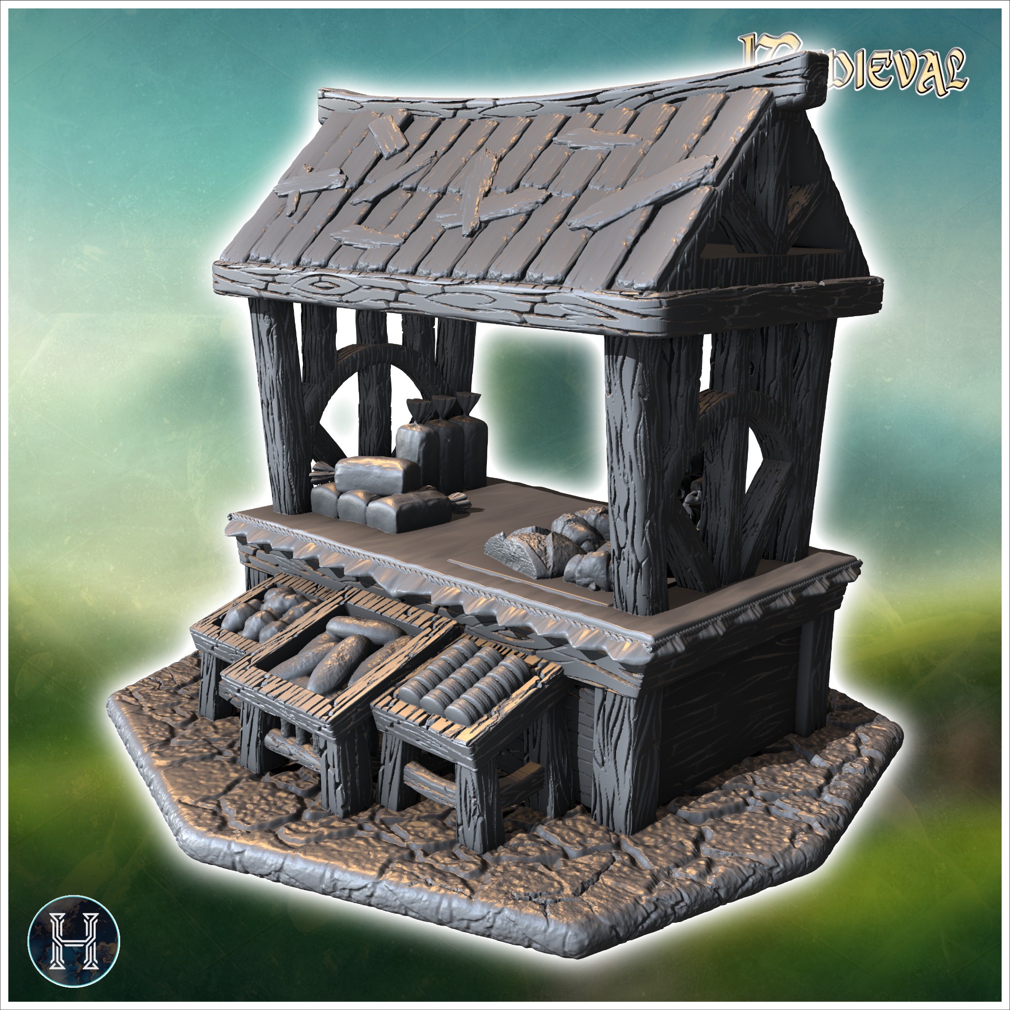 Market stall with wooden beams, shingled roof, and various food items displayed on the counter (41) - Medieval Gothic Feudal Old Archaic Saga 28mm 15mm RPG